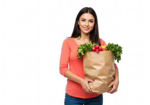 A woman holding a paper bag full of groceries is isolated on a transparent