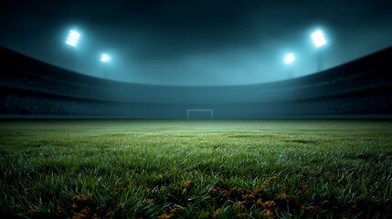 Illuminated football stadium at night with lush green field