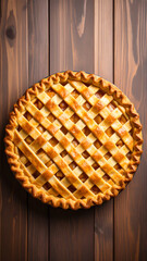 A beautifully baked pie with a golden lattice crust, resting on a wooden surface, ready for serving or dessert.
