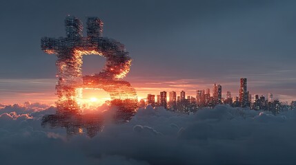 Bitcoin emerging at sunset, digital currency concept, crypto finance rise, blockchain theme, futuristic economy view