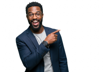 A happy and confident businessman is pointing to the side wearing a suit in a