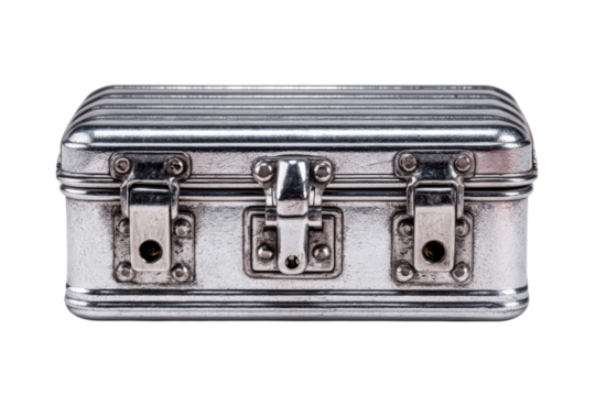 Metallic suitcase chrome finish reflective durable container with secure latch luggage photography