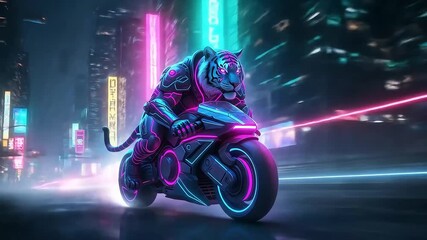 A powerful anthropomorphic tiger in glowing armor rides a futuristic motorcycle through a vibrant, neon-lit cyberpunk city at night. - Powered by Adobe