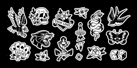 Classic Traditional Tattoo Style: Black and White Stickers of Old-School Animals, and Lucky Symbols as skulls, eagle, snake, panther, playing cards, anchor, bird, and flowers. Editable vector © VRTX