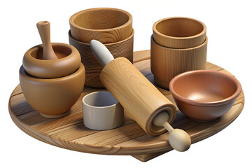 Natural wooden kitchen utensils and tools for cooking and baking