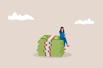 Business woman sitting working with gadget on stack of money bundles. concept of high paying career, income and wages, make money online