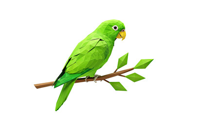 Minimalist low poly scene of a parrot looking sideways on a branch with leaf shapes made of tr Minimalist low poly scene of a parrot looking sideways on a branch with leaf shapes made of triangiangles