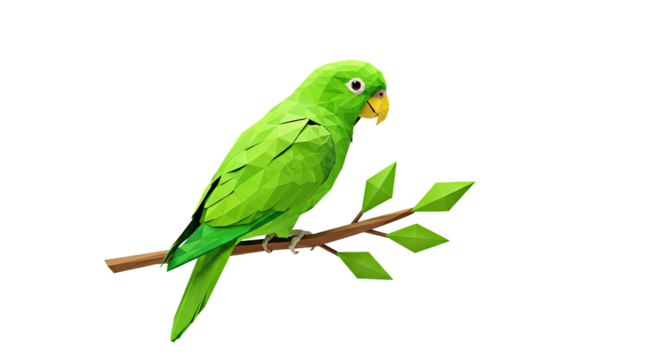 Minimalist low poly scene of a parrot looking sideways on a branch with leaf shapes made of tr Minimalist low poly scene of a parrot looking sideways on a branch with leaf shapes made of triangiangles