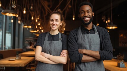 The cheerful team of baristas showcasing their commitment in a vibrant café setting.
