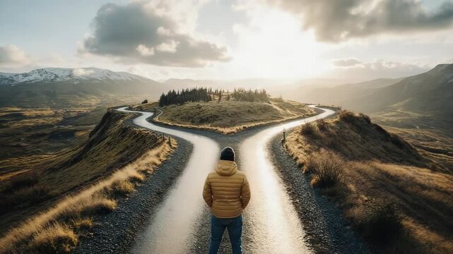 Person faces a fork in the road amidst mountainous scenery under soft sunlight