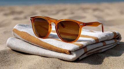 Stylish sunglasses resting on a beach towel on sandy shore