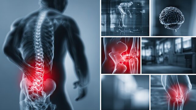Body pain collage shots design, medical discomfort concept, health issue symbols, anatomy ache scenes, patient care art