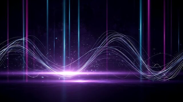 Wavy light streaks and neon vertical lines on a dark background