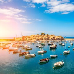 Fototapeta premium Tiny Tan Island in Clear Blue Ocean Beneath Bright Sunny Sky