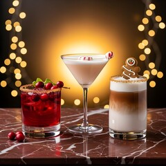 Trio of Vibrant Cocktails on Elegant Marble Bar Counter