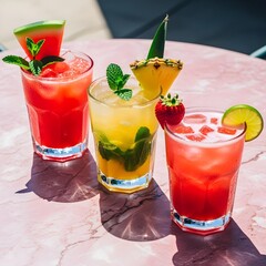 Trio of Vibrant Cocktails on Elegant Marble Bar Counter