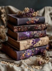 Stack of vintage books with floral designs,  purple and dark tones, atop a draped fabric with dried flowers