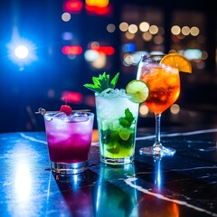 Trio of Vibrant Cocktails on Elegant Marble Bar Counter