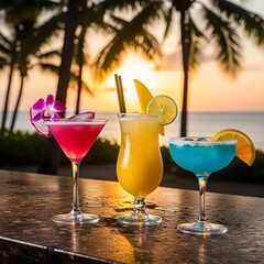 Trio of Vibrant Cocktails on Elegant Marble Bar Counter