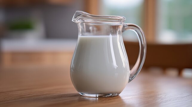 The glass pitcher filled with fresh and creamy milk on a wooden table. - Powered by Adobe