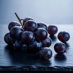 Fresh Dark Purple Grapes with Water Drops on Moody Black Background

