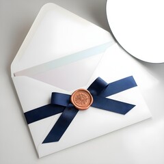 Elegant White Envelope with Navy Ribbon and Copper Wax Seal