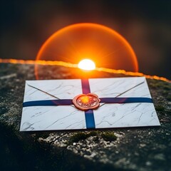 Elegant White Envelope with Navy Ribbon and Copper Wax Seal