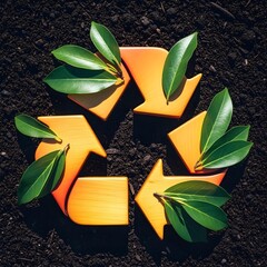Wooden Recycle Symbol with Fresh Green Leaves on Dark Background