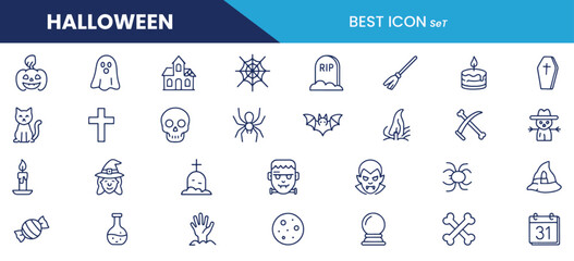 Halloween Line Icons – Vector Set Featuring Ghosts, Pumpkins, Witches, Spiders, and Spooky Elements for Holiday and Party Designs