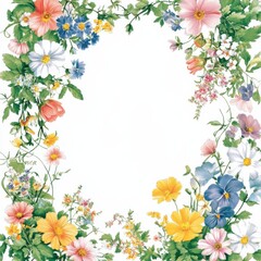 Colorful spring flowers frame on white background