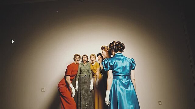 Five Retro Women Show Extreme Shock Expressions in a Group Portrait