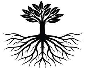 A black silhouette of a tree with roots and leaves Ai Generated