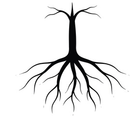 A stark silhouette of a tree with prominent roots isolated on white background Ai Generated