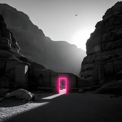 A surreal and atmospheric image of a glowing pink portal standing alone in a dark desert landscape under a starry night sky