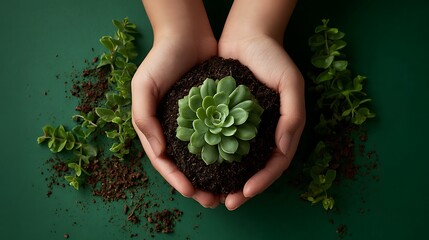 Hands cradling a small green plant with soil and surrounding foliage
