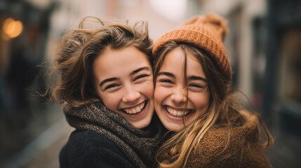 Two Young Women Embracing and Laughing Happily