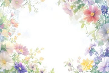 Blooming flowers border on watercolor background