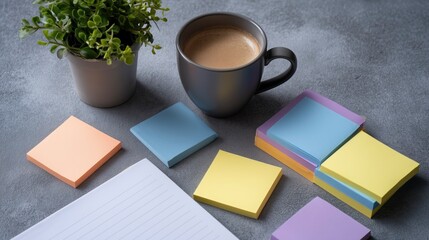 Desk with Coffee Mug, Plant, and Colorful Sticky Notes