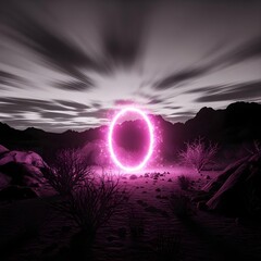 A surreal and atmospheric image of a glowing pink portal standing alone in a dark desert landscape under a starry night sky