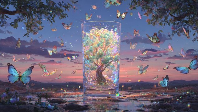 Glass holds ethereal tree amidst butterflies, sunset sky
