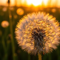 Closeup of Dandelion Seed Head with White Fluff and Brown Core on Green Background