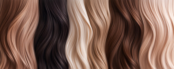 Fototapeta premium Variety of hair colors displayed in soft waves, showcasing different shades and textures in a beauty salon setting