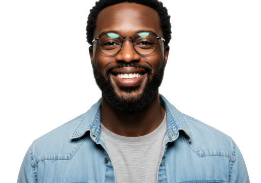 A smiling african american man with glasses poses confidently against a - Powered by Adobe