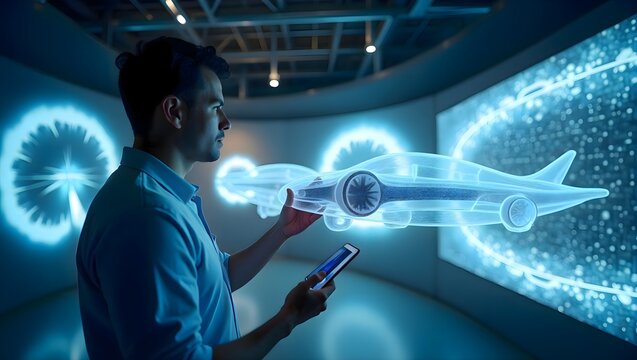 Engineer uses tablet to control a holographic airplane model in a virtual reality simulation room, showcasing future aviation concepts.


