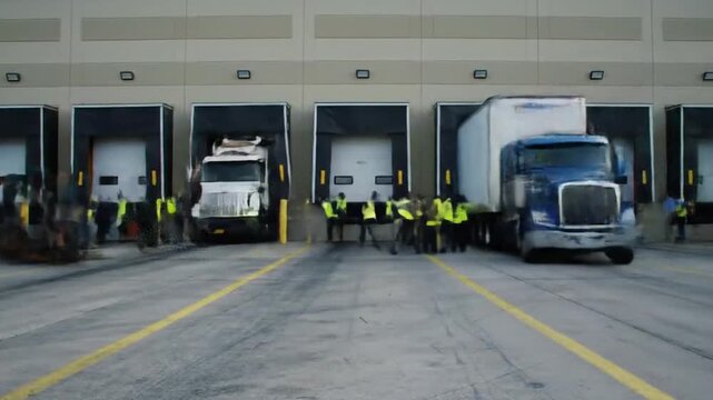 Logistics personnel and semi-trucks actively engaged in loading and unloading operations at a large distribution center.