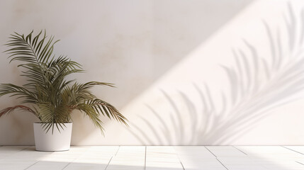 Fond composé d'un mur blanc, avec lumière et ombre et plante décorative. Ambiance calme, épurée, luxe. Arrière-plan pour conception et création graphique.