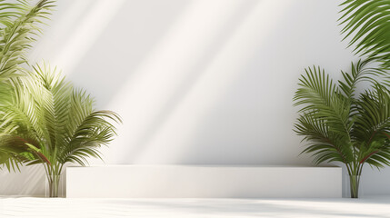 Fond composé d'un mur blanc, avec lumière et ombre et plante décorative. Ambiance calme, épurée, luxe. Arrière-plan pour conception et création graphique.