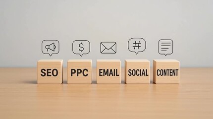 Digital marketing strategy with SEO PPC email social content icons on wooden blocks representing online advertising campaign and communication planning concept