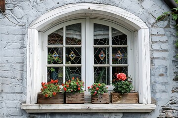 A white-painted wooden window frame with a rounded top, featuring diamond-shaped leaded glass and small wooden flower boxes underneath