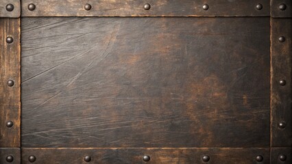 A rustic wooden frame with metal rivets creating a vintage and textured background for design projects